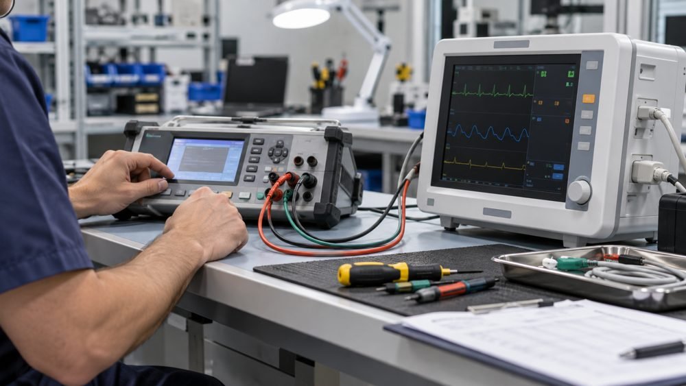 Ingeniería biomédica: revisión de un monitor con instrumentos de prueba en un taller.
