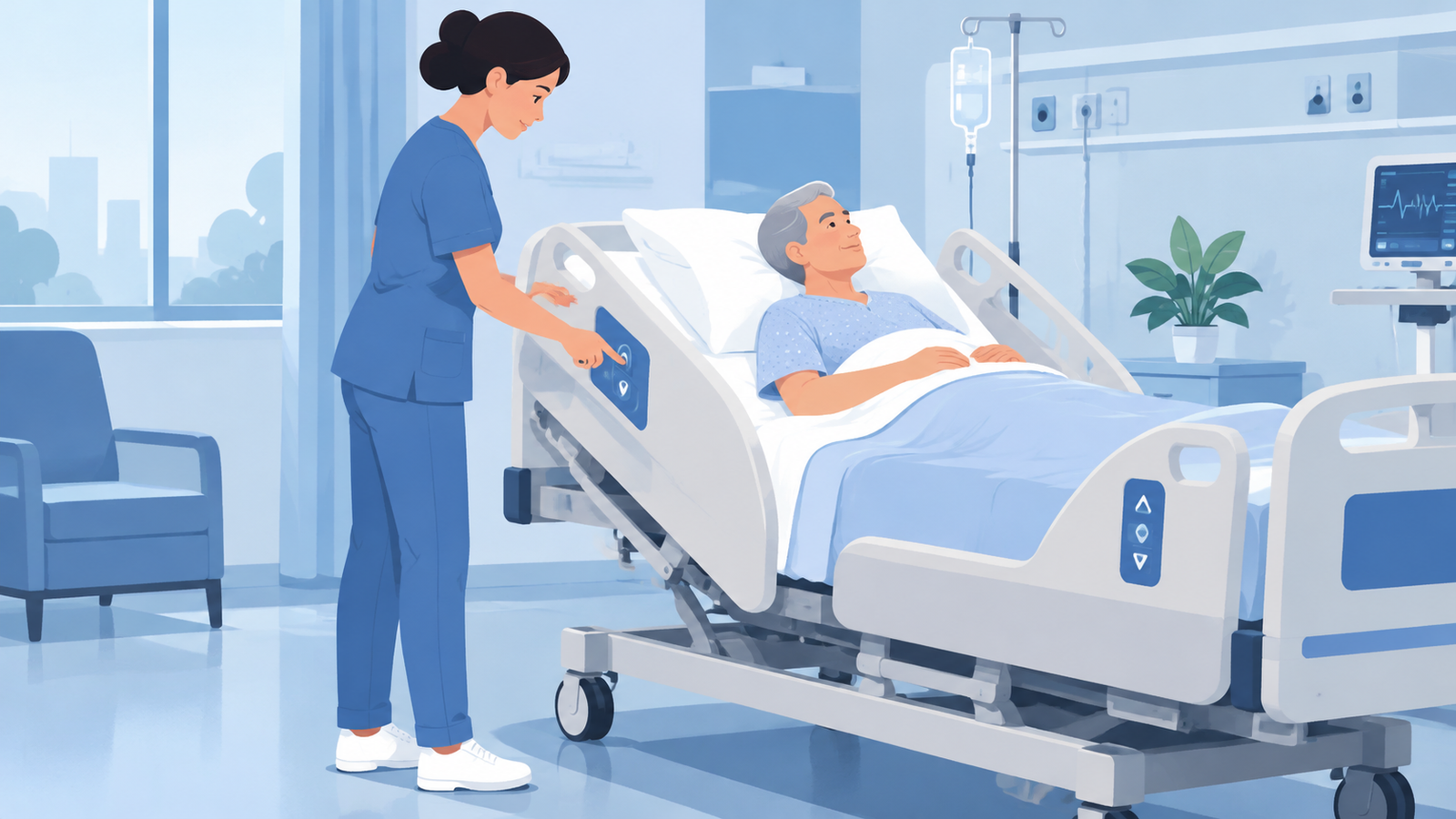 Personal de enfermería ajustando los controles de una cama de hospital
