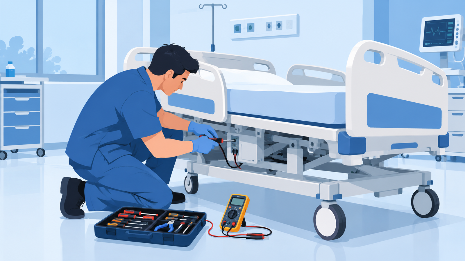 Técnico biomédico realizando mantenimiento preventivo a una cama de hospital